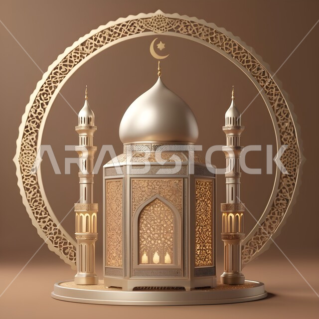 Congratulations on the occasion of Islamic holidays, illuminated decorative metal mosque model, Ramadan spiritual atmosphere, Arab customs and traditions for Ramadan decorations, religious occasion accessories, decorations and souvenirs, joy of the coming of the month of goodness and blessings, beige background