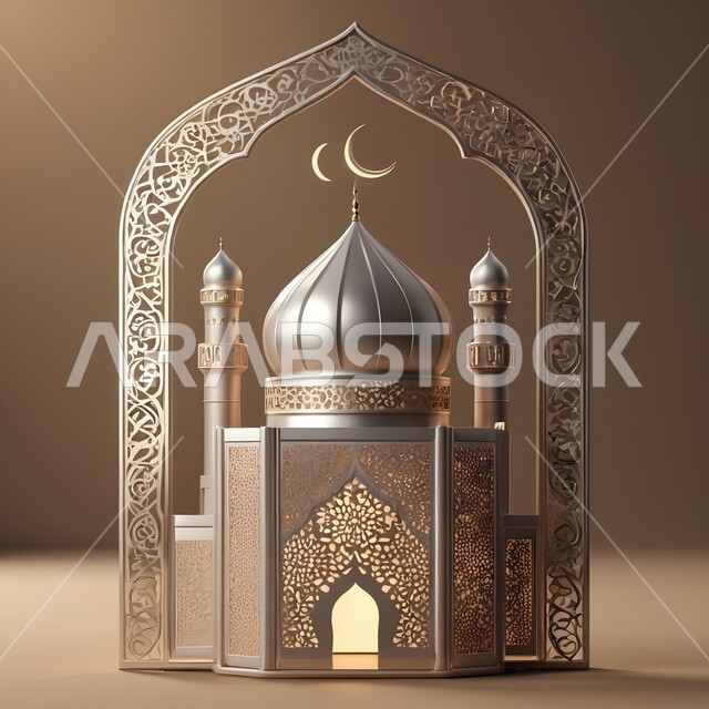 مجسم مسجد معدني مزخرف مضيئ، الأجواء الروحانية الرمضانية، العادات والتقاليد العربية لزينة رمضان المبارك، اكسسوارات وديكورات وتحف المناسبات الدينية، التهنئة بمناسبة الأعياد الإسلامية، البهجة بقدوم شهر الخير والبركة، خلفية بيج