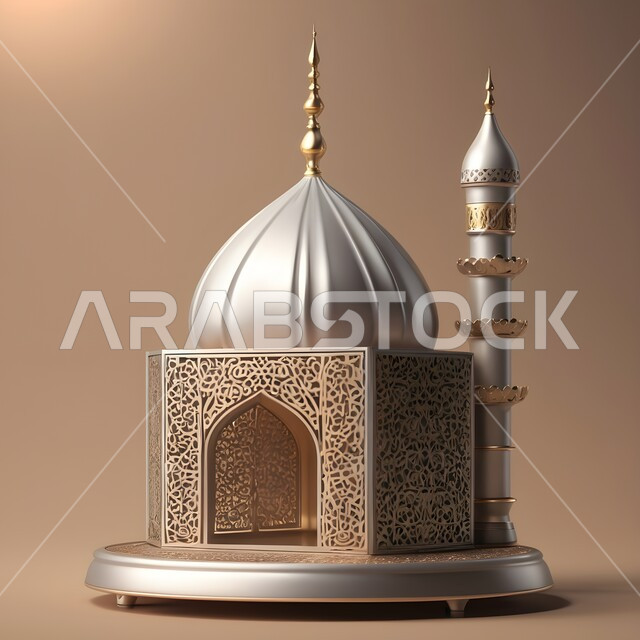 الأجواء الروحانية الرمضانية، العادات والتقاليد العربية لزينة رمضان المبارك، اكسسوارات وديكورات وتحف المناسبات الدينية، مجسم مسجد معدني مزخرف مضيئ، التهنئة بمناسبة الأعياد الإسلامية، البهجة بقدوم شهر الخير والبركة، خلفية بيج