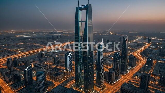 Towers, buildings and high-rise commercial facilities, an imaginative future view of urban progress and growth, arts and modern architectural engineering designs for skyscrapers in the Kingdom of Saudi Arabia, a Saudi future vision 2030, the concept of architectural engineering development in the city of Riyadh.
