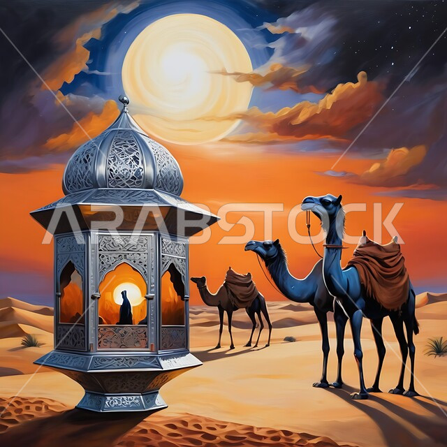 فانوس عربي تقليدي معدني مزخرف مضيء مع مجموعة من حيوانات الإبل وقت الليل، أنوار وديكورات في الأجواء الرمضانية الروحانية، الفن الهندسي الاسلامي للتحف والاكسسوارات، الاحتفال بقدوم شهر الخير، إضاءة وزينة شهر رمضان المبارك، خلفية الصحراء والكثبان الرملية
