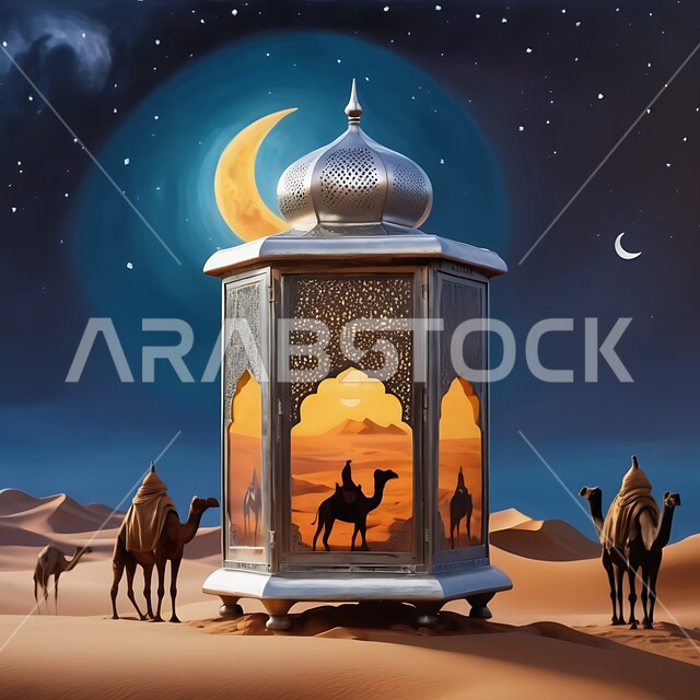 أنوار وديكورات في الأجواء الرمضانية الروحانية، الفن الهندسي الاسلامي للتحف والاكسسوارات، فانوس عربي تقليدي معدني مزخرف مضيء مع مجموعة من حيوانات الإبل وقت الليل، الاحتفال بقدوم شهر الخير، إضاءة وزينة شهر رمضان المبارك، خلفية الصحراء والكثبان الرملية