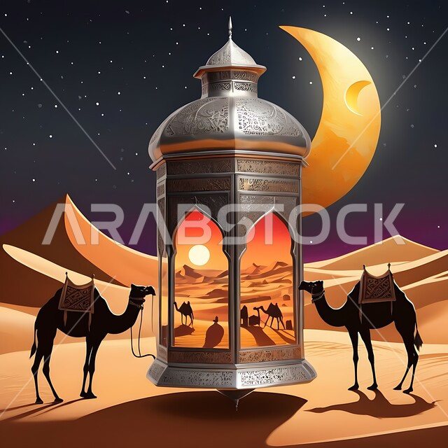 ديكورات وأنوار في الأجواء الرمضانية الروحانية، الفن الهندسي الاسلامي للتحف والاكسسوارات، فانوس عربي تقليدي معدني مزخرف مضيء مع مجموعة من حيوانات الإبل وقت الليل، الاحتفال بقدوم شهر الخير، إضاءة وزينة شهر رمضان المبارك، خلفية الصحراء والكثبان الرملية