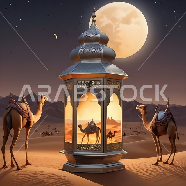 الفن الهندسي الاسلامي للتحف والاكسسوارات، ديكورات وأنوار في الأجواء الرمضانية الروحانية، فانوس عربي تقليدي معدني مزخرف مضيء مع مجموعة من حيوانات الإبل وقت الليل، الاحتفال بقدوم شهر الخير، إضاءة وزينة شهر رمضان المبارك، خلفية الصحراء والكثبان الرملية