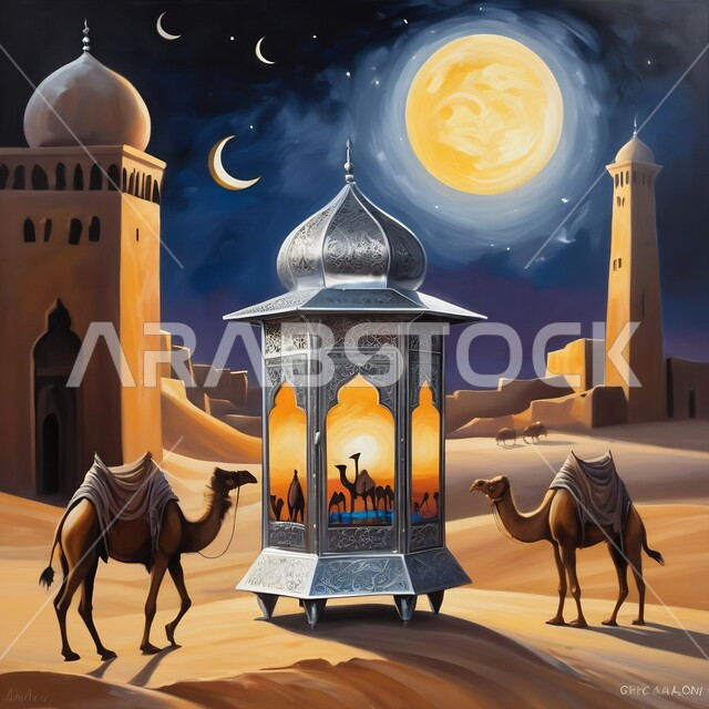الفن الهندسي الاسلامي لبناء المساجد الطينية على الطراز القديم، فانوس عربي تقليدي معدني مزخرف مضيء مع مجموعة من حيوانات الإبل وقت الليل، أنوار وديكورات في الأجواء الرمضانية الروحانية، الاحتفال بقدوم شهر رمضان المبارك، خلفية الصحراء والكثبان الرملية
