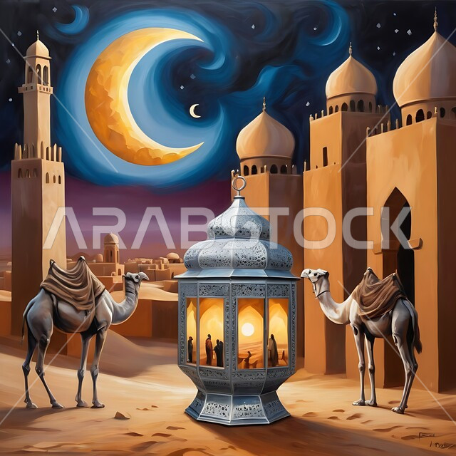الفن الهندسي الاسلامي لبناء المساجد الطينية على الطراز القديم، فانوس عربي تقليدي معدني مزخرف مضيء مع مجموعة من حيوانات الإبل وقت الليل، أنوار وديكورات في الأجواء الرمضانية الروحانية، الاحتفال بقدوم شهر رمضان المبارك، خلفية الصحراء والكثبان الرملية
