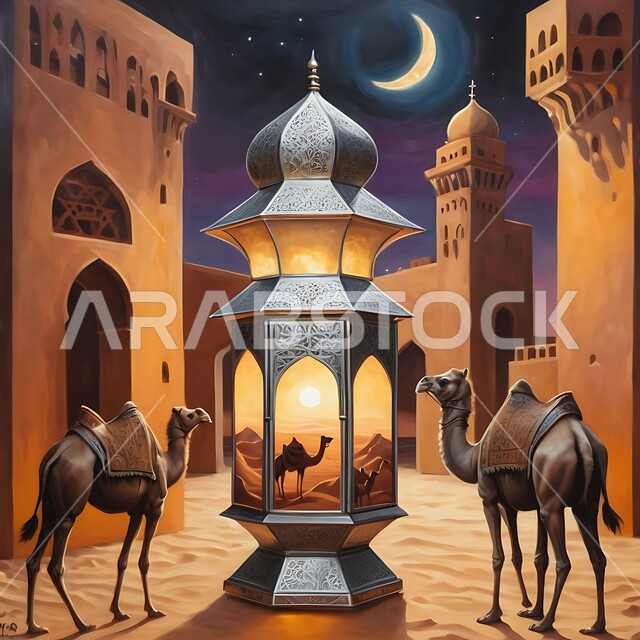 الفن الهندسي الاسلامي لبناء المساجد الطينية على الطراز القديم، فانوس عربي تقليدي معدني مزخرف مضيء مع مجموعة من حيوانات الإبل وقت الليل، أنوار وديكورات في الأجواء الرمضانية الروحانية، الاحتفال بقدوم شهر رمضان المبارك، خلفية الصحراء والكثبان الرملية