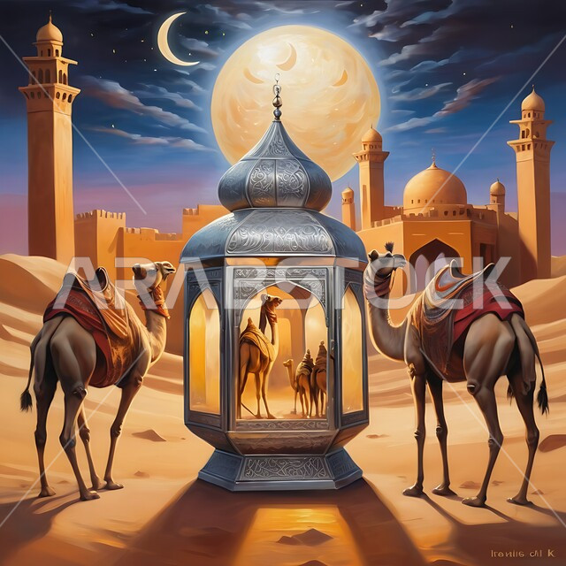 الفن الهندسي الاسلامي لبناء المساجد الطينية على الطراز القديم، فانوس عربي تقليدي معدني مزخرف مضيء مع مجموعة من حيوانات الإبل وقت الليل، أنوار وديكورات في الأجواء الرمضانية الروحانية، الاحتفال بقدوم شهر رمضان المبارك، خلفية الصحراء والكثبان الرملية