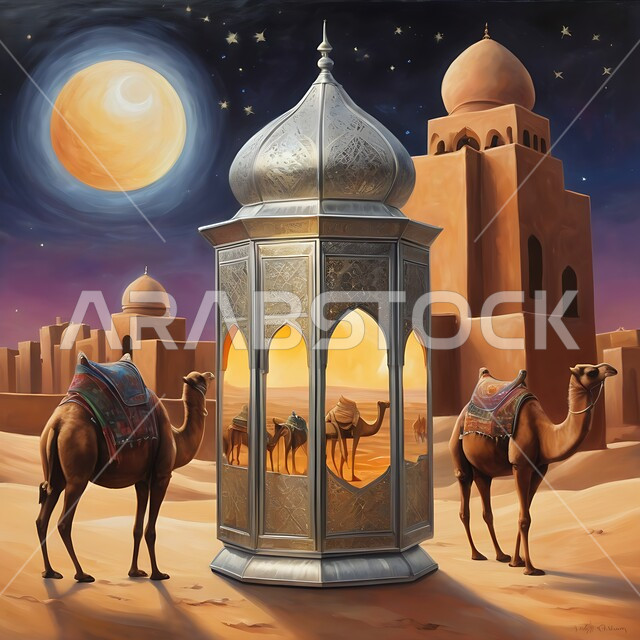 الفن الهندسي الاسلامي لبناء المساجد الطينية على الطراز القديم، فانوس عربي تقليدي معدني مزخرف مضيء مع مجموعة من حيوانات الإبل وقت الليل، أنوار وديكورات في الأجواء الرمضانية الروحانية، الاحتفال بقدوم شهر رمضان المبارك، خلفية الصحراء والكثبان الرملية