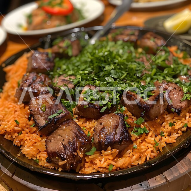 فنون تقديم الطعام في المطاعم الشرقية، مأكولات وأطباق عربية تقليدية، صورة مقربة لطبق من أرز البرياني مع قطع من اللحم الطازج، وصفات الطعام الصحية الشهية، صحن من رز الكبسة