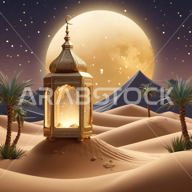 الأنوار والديكورات في الأجواء الرمضانية الروحانية، فانوس معدني مضيئ مزخرف وسط الرمال الناعمة في الصحراء، الفن الإسلامي للتحف والاكسسوارات، الزينة التقليدية العربية لاستقبال شهر رمضان المبارك، الأماكن والمناطق الطبيعية الصحراوية وقت الليل