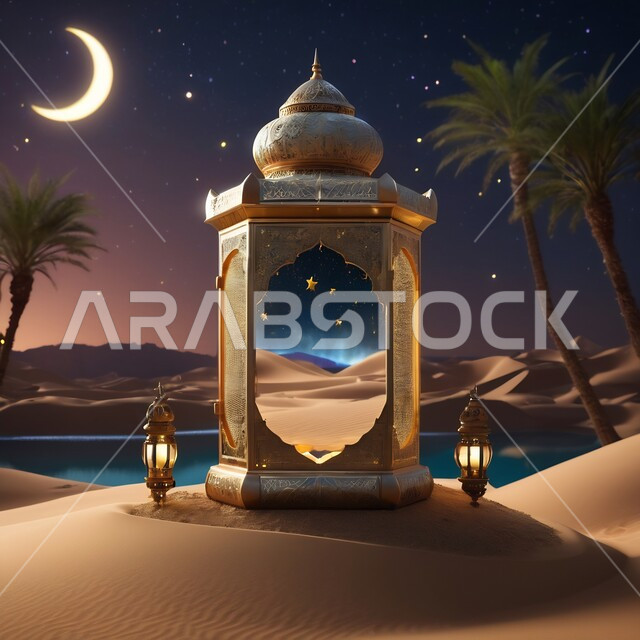 الأنوار والديكورات في الأجواء الرمضانية الروحانية، فانوس معدني مضيئ مزخرف وسط الرمال الناعمة في الصحراء، الفن الإسلامي للتحف والاكسسوارات، الزينة التقليدية العربية لاستقبال شهر رمضان المبارك، الأماكن والمناطق الطبيعية الصحراوية وقت الليل