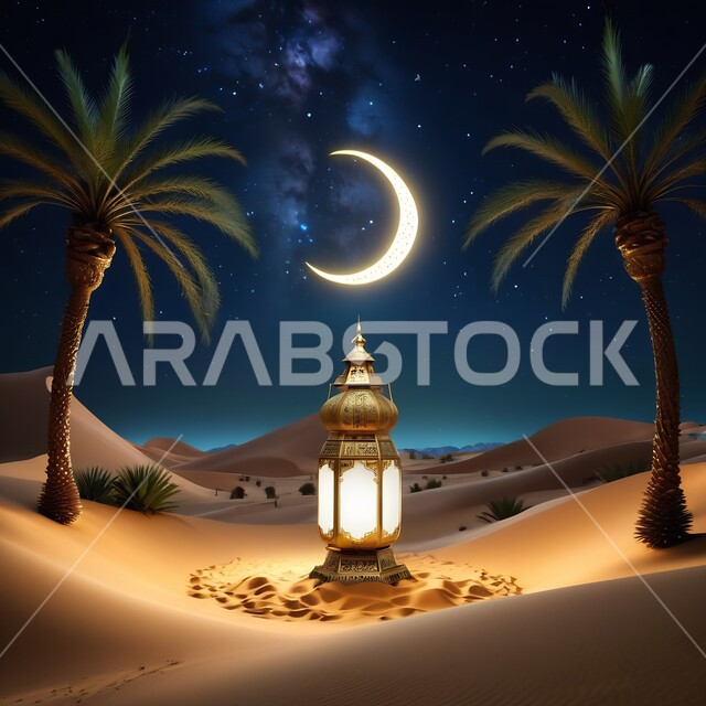 الأنوار والديكورات في الأجواء الرمضانية الروحانية، فانوس معدني مضيئ مزخرف وسط الرمال الناعمة في الصحراء، الفن الإسلامي للتحف والاكسسوارات، الزينة التقليدية العربية لاستقبال شهر رمضان المبارك، الأماكن والمناطق الطبيعية الصحراوية وقت الليل