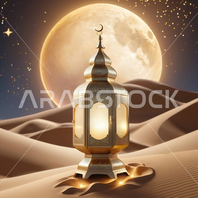 الأنوار والديكورات في الأجواء الرمضانية الروحانية، فانوس معدني مضيئ مزخرف وسط الرمال الناعمة في الصحراء، الفن الإسلامي للتحف والاكسسوارات، الزينة التقليدية العربية لاستقبال شهر رمضان المبارك، الأماكن والمناطق الطبيعية الصحراوية وقت الليل