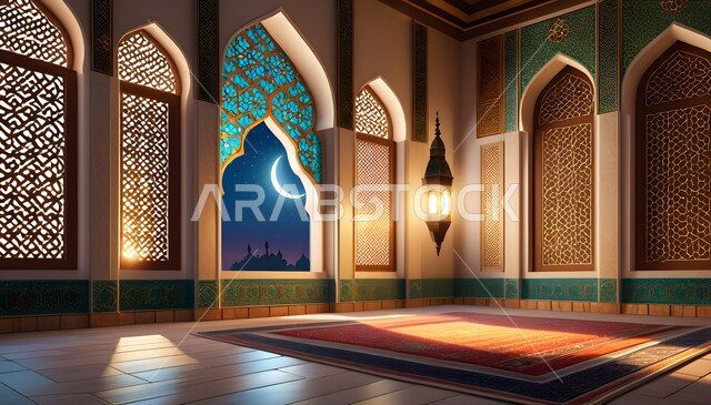 قدوم المسلمين لأداء الصلوات والفرائض, اجواء روحانية هادئة, الزخارف والتصاميم على الطراز الاسلامي, منظر الهلال في السماء, الهندسة المعمارية الفنية على الطراز الديني المزخرف