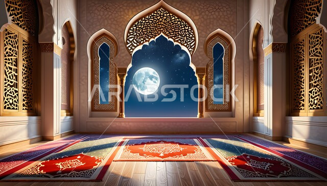 قدوم المسلمين لأداء الصلوات والفرائض, اجواء روحانية هادئة, الزخارف والتصاميم على الطراز الاسلامي, منظر الهلال في السماء, الهندسة المعمارية الفنية على الطراز الديني المزخرف