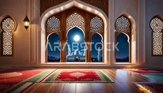 منظر الهلال في السماء, الهندسة المعمارية الفنية على الطراز الديني المزخرف, قدوم المسلمين لأداء الصلوات والفرائض, اجواء روحانية هادئة, الزخارف والتصاميم على الطراز الاسلامي