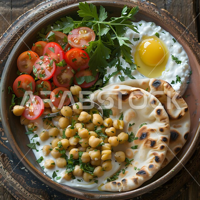 فنون تقديم الطعام في مطاعم المملكة العربية السعودية، وجبات وأطباق شعبية، وصفات الاطعمة التقليدية، المأكولات الشرقية الشهية، طبق من الحمص بالطحينية الكريمي المزين بالخضروات