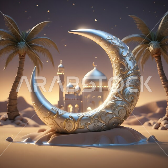 المناسبات والاعياد الدينية، مجسم ثلاثي الابعاد لمسجد على الطراز الاسلامي مع هلال الشهر وسط الكثبان الرملية وأشجار النخيل، تصاميم وديكورات وزينة اسلامية دينية فاخرة، العبادة والتقرب الى الله في شهر رمضان المبارك، أجواء رمضانية روحانية، خلفية صحراوية