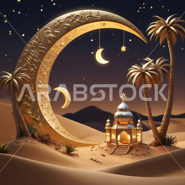 المناسبات والاعياد الدينية، مجسم ثلاثي الابعاد لمسجد على الطراز الاسلامي مع هلال الشهر وسط الكثبان الرملية وأشجار النخيل، تصاميم وديكورات وزينة اسلامية دينية فاخرة، العبادة والتقرب الى الله في شهر رمضان المبارك، أجواء رمضانية روحانية، خلفية صحراوية