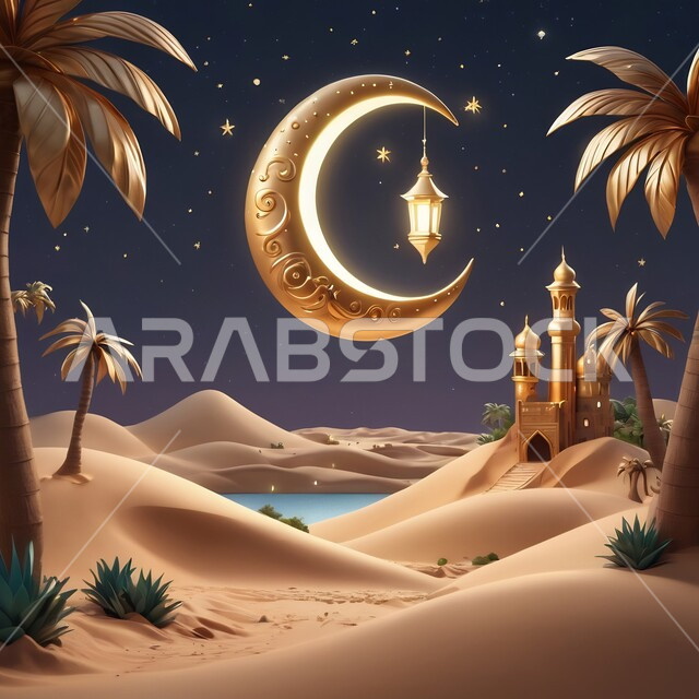 المناسبات والاعياد الدينية، مجسم ثلاثي الابعاد لمسجد على الطراز الاسلامي مع هلال الشهر وسط الكثبان الرملية وأشجار النخيل، تصاميم وديكورات وزينة اسلامية دينية فاخرة، العبادة والتقرب الى الله في شهر رمضان المبارك، أجواء رمضانية روحانية، خلفية صحراوية