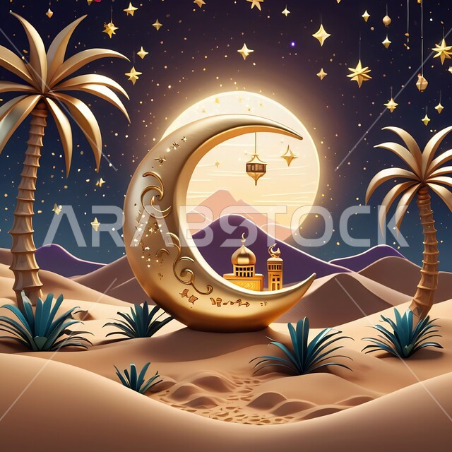 المناسبات والاعياد الدينية، مجسم ثلاثي الابعاد لمسجد على الطراز الاسلامي مع هلال الشهر وسط الكثبان الرملية وأشجار النخيل، تصاميم وديكورات وزينة اسلامية دينية فاخرة، العبادة والتقرب الى الله في شهر رمضان المبارك، أجواء رمضانية روحانية، خلفية صحراوية