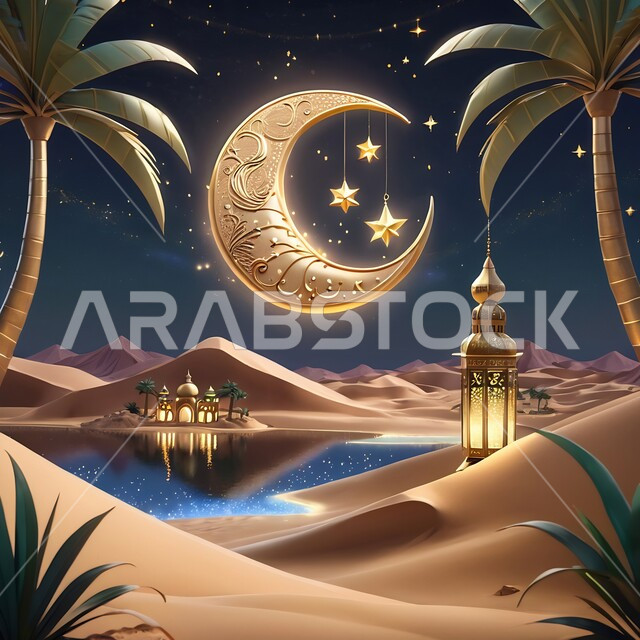 مصباح عربي تقليدي معدني مزخرف مع هلال مضيء على الرمال الذهبية وسط الصحراء السعودية، فوانيس وتحف اسلامية للاحتفال بقدوم شهر الخير، إضاءة وزينة شهر رمضان المبارك، ديكورات وأنوار في الأجواء الرمضانية الروحانية، الفن الهندسي الاسلامي للتحف والاكسسوارات.