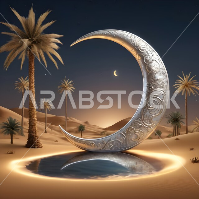 الديكورات والأنوار في الأجواء الرمضانية الروحانية، مجسم ثلاثي الأبعاد لهلال وسط الرمال الناعمة في الصحراء، الفن الإسلامي للتحف والاكسسوارات، الزينة التقليدية العربية لاستقبال شهر رمضان المبارك، الأماكن والمناطق الطبيعية الصحراوية وقت الليل