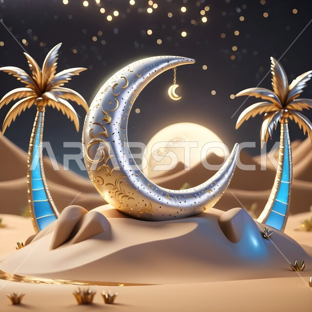 الديكورات والأنوار في الأجواء الرمضانية الروحانية، مجسم ثلاثي الأبعاد لهلال وسط الرمال الناعمة في الصحراء، الفن الإسلامي للتحف والاكسسوارات، الزينة التقليدية العربية لاستقبال شهر رمضان المبارك، الأماكن والمناطق الطبيعية الصحراوية وقت الليل