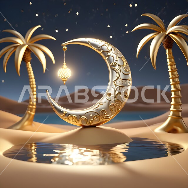 Decorations and lights in the spiritual atmosphere of Ramadan, a 3D model of a crescent moon in the soft sands of the desert, Islamic art of antiques and accessories, traditional Arabic decorations to welcome the holy month of Ramadan, desert natural places and areas at night