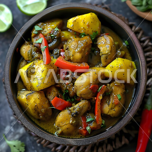 طبق من الدجاج  والبطاطا المحمره بالكاري والتوابل المزين بالبقدونس والخضراوات على الطاولة، وصفات طعام المطبخ السعودي، مطاعم للمأكولات الشرقية الشهية، وجبات وأطباق عربية تقليدية شعبية