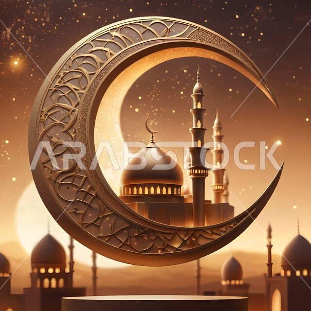 Muslim Eid greeting card, religious occasions and holidays, 3D model of an Islamic-style mosque with the crescent moon, luxurious Islamic religious designs, decorations and ornaments, worship and drawing closer to God in the holy month of Ramadan, spiritual Ramadan atmosphere