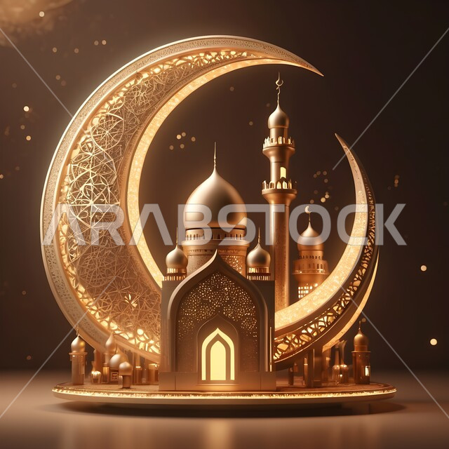 بطاقة تهنئة المسلمين بقدوم العيد، المناسبات والاعياد الدينية، مجسم ثلاثي الابعاد لمسجد على الطراز الاسلامي مع هلال الشهر، تصاميم وديكورات وزينة اسلامية دينية فاخرة، العبادة والتقرب الى الله في شهر رمضان المبارك، أجواء رمضانية روحانية
