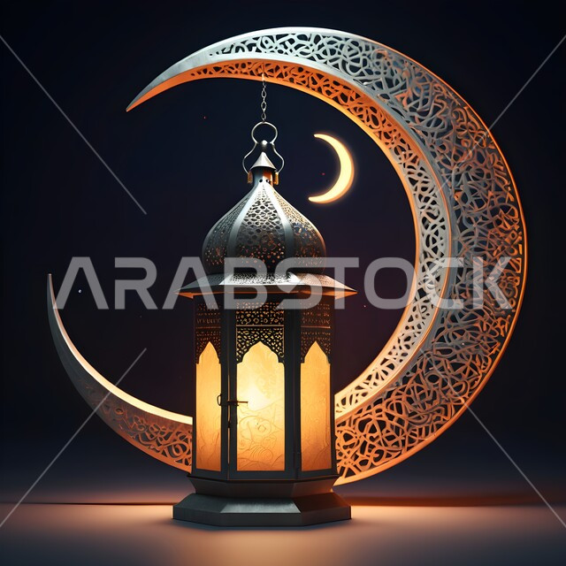 التصاميم و الديكورات الرمضانية المميزة, الأجواء الروحانية في شهر الخير, الاحتفال بالأعياد و المناسبات الدينية, زينة و أضواء على الطراز الإسلامي, البهجة بقدوم رمضان المبارك, فانوس معدني تقليدي مزخرف مع هلال