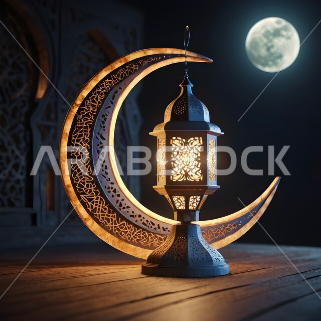 التصاميم و الديكورات الرمضانية المميزة, الأجواء الروحانية في شهر الخير, الاحتفال بالأعياد و المناسبات الدينية, زينة و أضواء على الطراز الإسلامي, البهجة بقدوم رمضان المبارك, فانوس معدني تقليدي مزخرف مع هلال