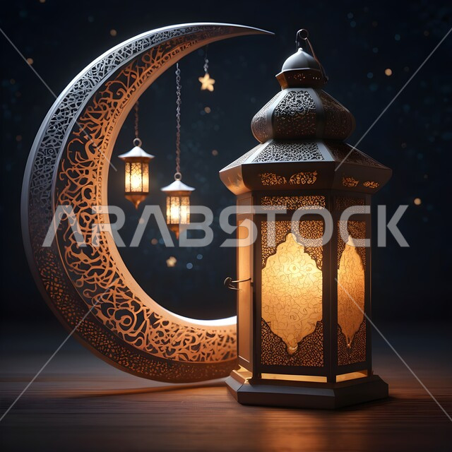 التصاميم و الديكورات الرمضانية المميزة, الأجواء الروحانية في شهر الخير, الاحتفال بالأعياد و المناسبات الدينية, زينة و أضواء على الطراز الإسلامي, البهجة بقدوم رمضان المبارك, فانوس معدني تقليدي مزخرف مع هلال