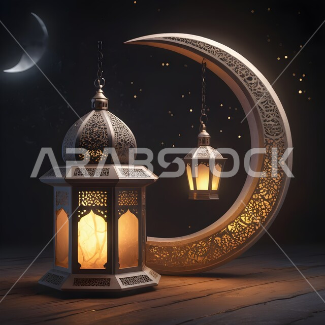 التصاميم و الديكورات الرمضانية المميزة, الأجواء الروحانية في شهر الخير, الاحتفال بالأعياد و المناسبات الدينية, زينة و أضواء على الطراز الإسلامي, البهجة بقدوم رمضان المبارك, فانوس معدني تقليدي مزخرف مع هلال