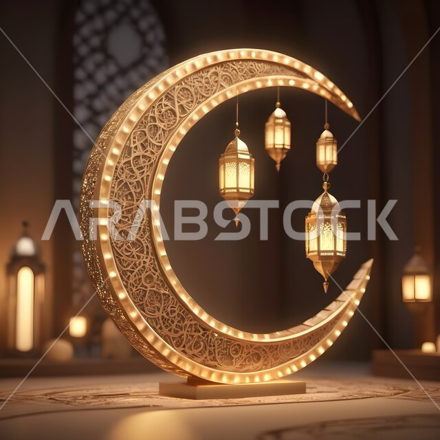 التصاميم و الديكورات الرمضانية المميزة, الأجواء الروحانية في شهر الخير, الاحتفال بالأعياد و المناسبات الدينية, زينة و أضواء على الطراز الإسلامي, البهجة بقدوم رمضان المبارك, فانوس معدني تقليدي مزخرف مع هلال