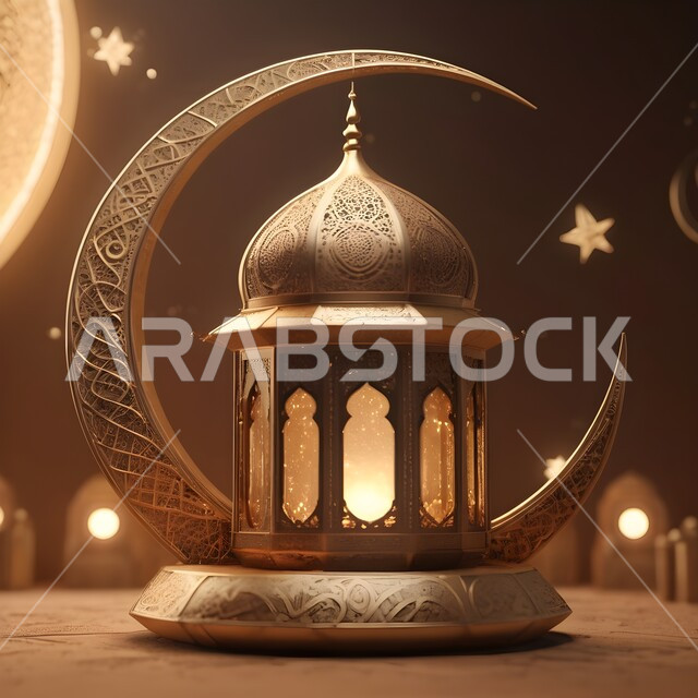 التصاميم و الديكورات الرمضانية المميزة, الأجواء الروحانية في شهر الخير, الاحتفال بالأعياد و المناسبات الدينية, زينة و أضواء على الطراز الإسلامي, البهجة بقدوم رمضان المبارك, فانوس معدني تقليدي مزخرف مع هلال