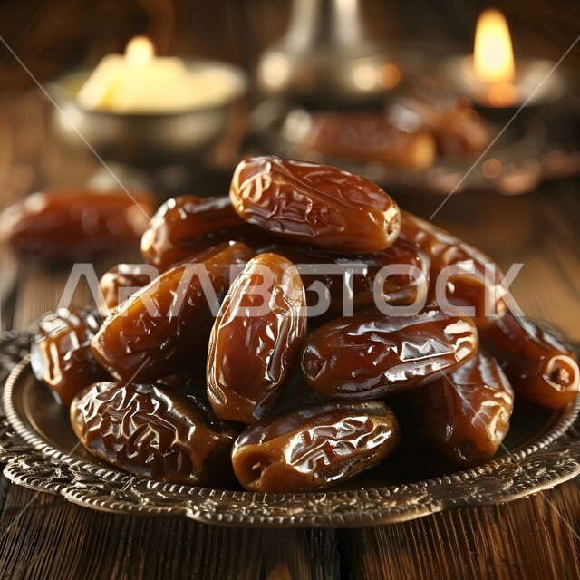 ضيافة رمضانية لذيذة، رطب من نخيل المملكة العربية السعودية، محاصيل ومنتجات زراعية محلية وطنية سعودية، صورة مقربة لطبق مليء بالتمر الصحي الطازج, وجبة ذات قيمة غذائية عالية