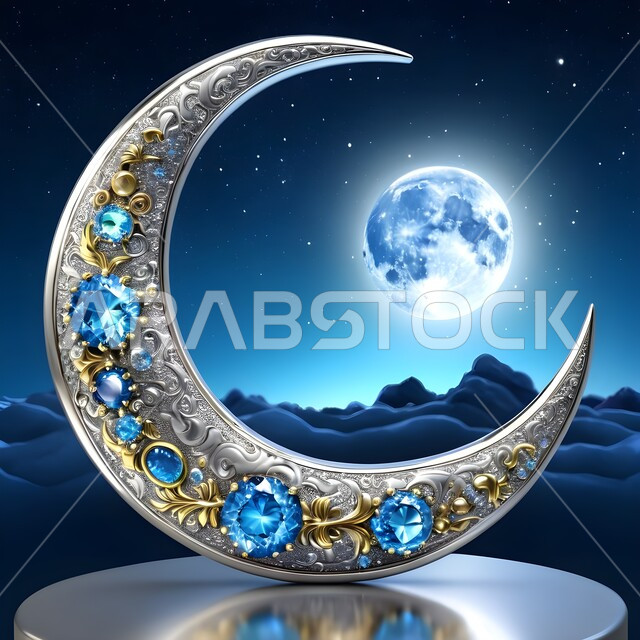 الاحتفال بقدوم شهر رمضان المبارك، مجسم لهلال الشهر مزخرف ومزين بالأحجار الكريمة الملونة، تحف واكسسوارات تقليدية في أجواء رمضانية روحانية إسلامية، زينة وديكورات الاعياد والمناسبات الدينية