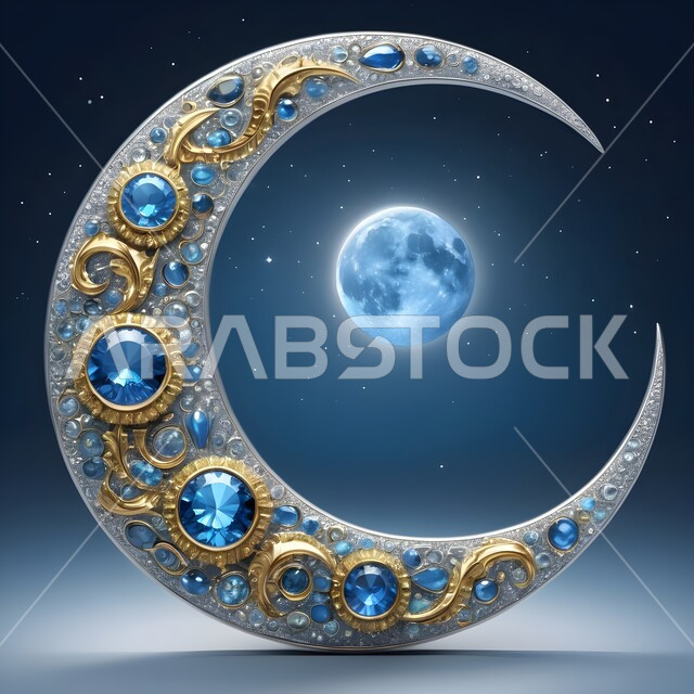 الاحتفال بقدوم شهر رمضان المبارك، مجسم لهلال الشهر مزخرف ومزين بالأحجار الكريمة الملونة، تحف واكسسوارات تقليدية في أجواء رمضانية روحانية إسلامية، زينة وديكورات الاعياد والمناسبات الدينية