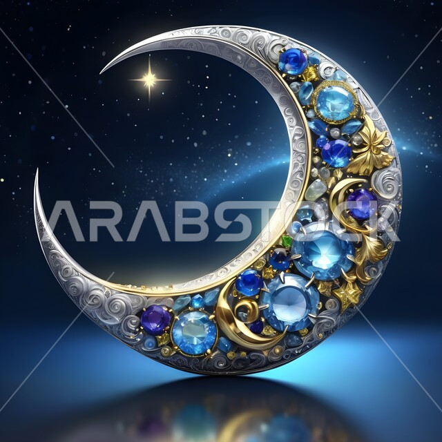 الاحتفال بقدوم شهر رمضان المبارك، مجسم لهلال الشهر مزخرف ومزين بالأحجار الكريمة الملونة، تحف واكسسوارات تقليدية في أجواء رمضانية روحانية إسلامية، زينة وديكورات الاعياد والمناسبات الدينية