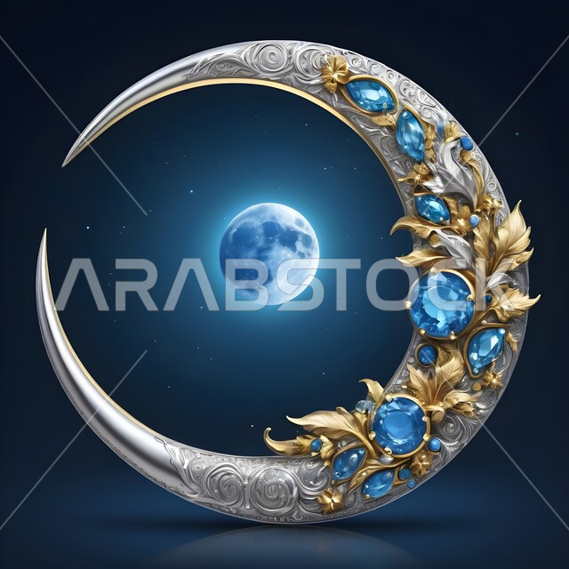 الاحتفال بقدوم شهر رمضان المبارك، مجسم لهلال الشهر مزخرف ومزين بالأحجار الكريمة الملونة، تحف واكسسوارات تقليدية في أجواء رمضانية روحانية إسلامية، زينة وديكورات الاعياد والمناسبات الدينية