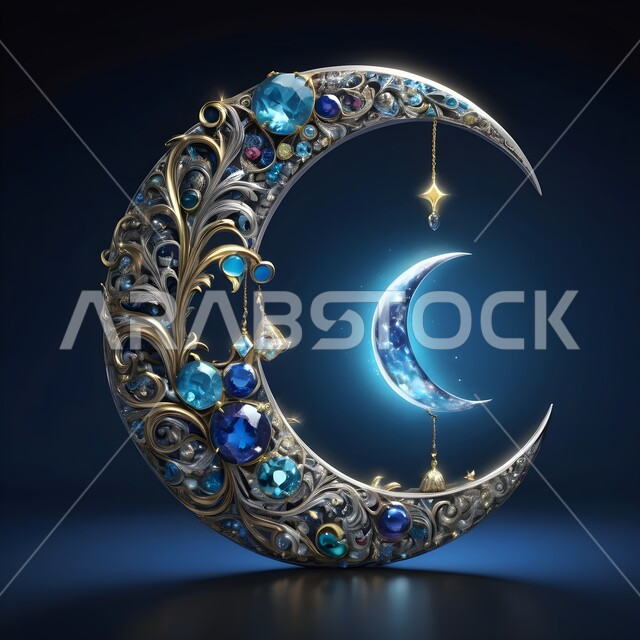 الاحتفال بقدوم شهر رمضان المبارك، مجسم لهلال الشهر مزخرف ومزين بالأحجار الكريمة الملونة، تحف واكسسوارات تقليدية في أجواء رمضانية روحانية إسلامية، زينة وديكورات الاعياد والمناسبات الدينية