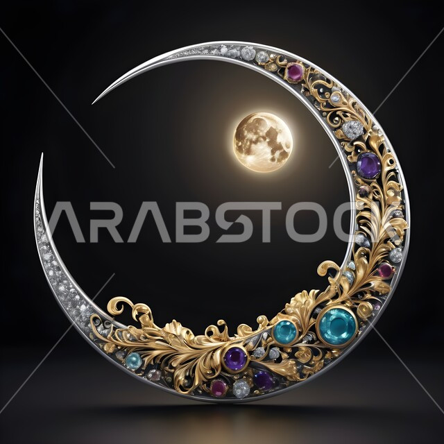 الاحتفال بقدوم شهر رمضان المبارك، مجسم لهلال الشهر مزخرف ومزين بالأحجار الكريمة الملونة، تحف واكسسوارات تقليدية في أجواء رمضانية روحانية إسلامية، زينة وديكورات الاعياد والمناسبات الدينية