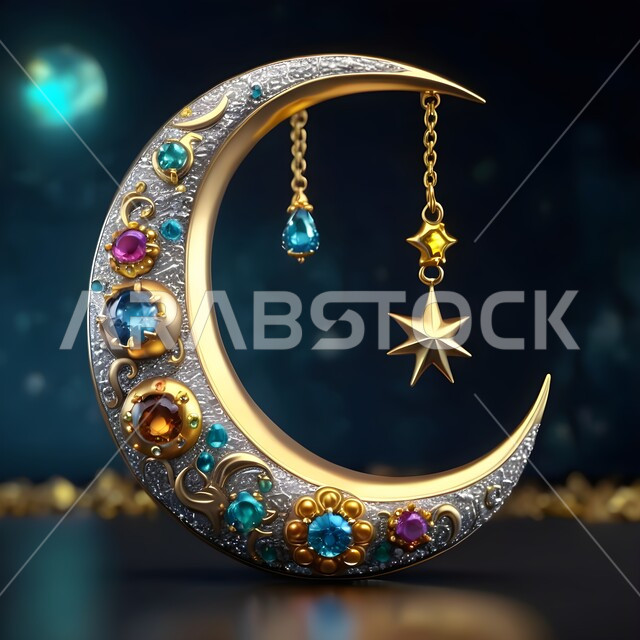 الاحتفال بقدوم شهر رمضان المبارك، مجسم لهلال الشهر مزخرف ومزين بالأحجار الكريمة الملونة، تحف واكسسوارات تقليدية في أجواء رمضانية روحانية إسلامية، زينة وديكورات الاعياد والمناسبات الدينية