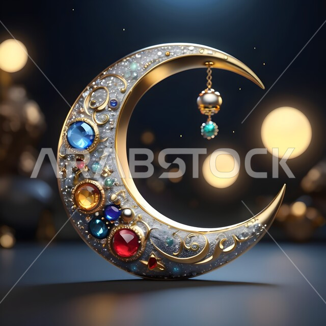 الاحتفال بقدوم شهر رمضان المبارك، مجسم لهلال الشهر مزخرف ومزين بالأحجار الكريمة الملونة، تحف واكسسوارات تقليدية في أجواء رمضانية روحانية إسلامية، زينة وديكورات الاعياد والمناسبات الدينية