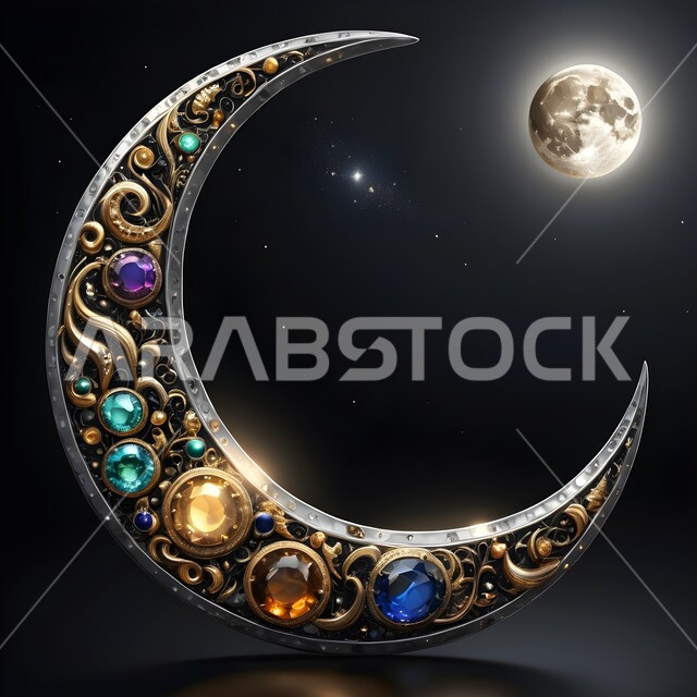 الاحتفال بقدوم شهر رمضان المبارك، مجسم لهلال الشهر مزخرف ومزين بالأحجار الكريمة الملونة، تحف واكسسوارات تقليدية في أجواء رمضانية روحانية إسلامية، زينة وديكورات الاعياد والمناسبات الدينية
