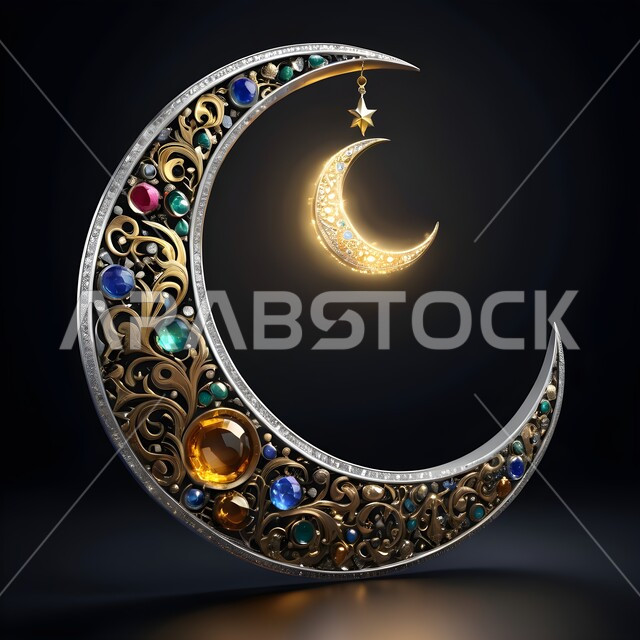 الاحتفال بقدوم شهر رمضان المبارك، مجسم لهلال الشهر مزخرف ومزين بالأحجار الكريمة الملونة، تحف واكسسوارات تقليدية في أجواء رمضانية روحانية إسلامية، زينة وديكورات الاعياد والمناسبات الدينية
